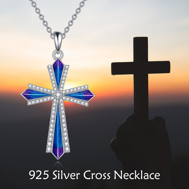 Sterling Silver Round Cubic Zirconia Cross Pendant Necklace-3