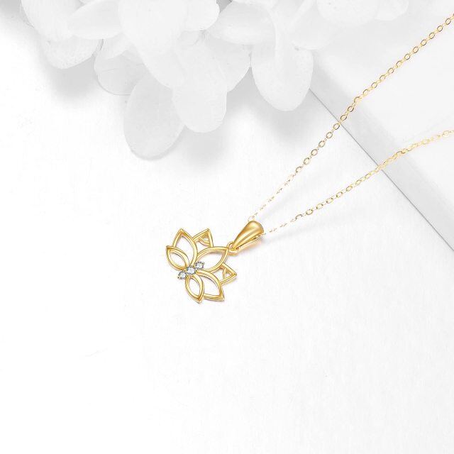 14K Gold Circular Shaped Zircon Lotus Pendant Necklace-3