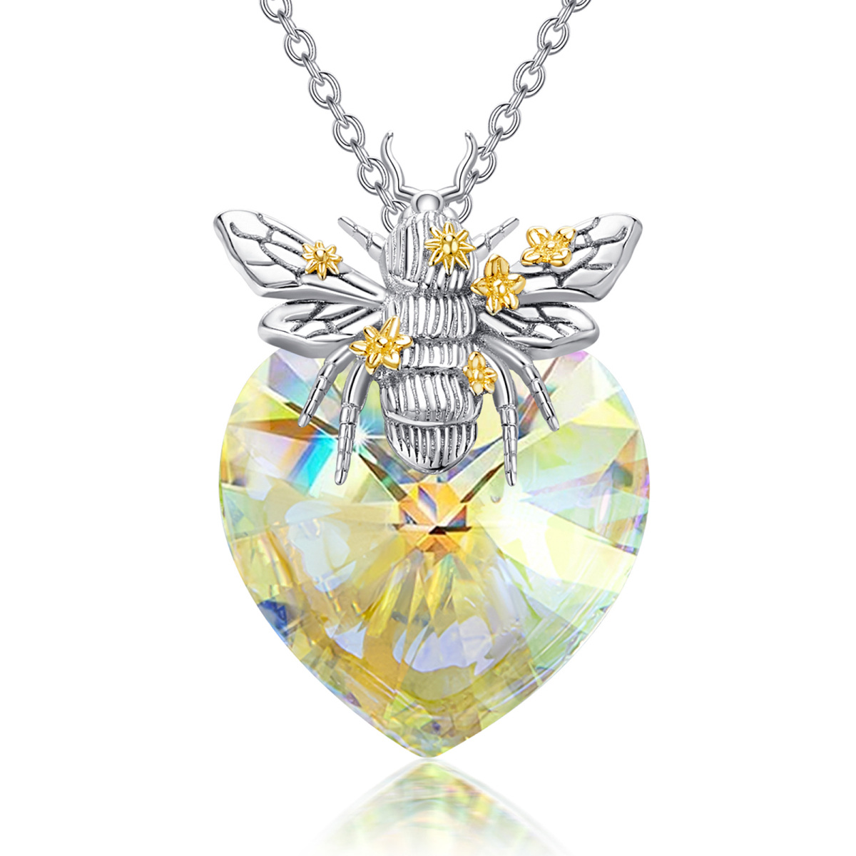 Sterling Silver Two-tone Heart Shaped Bee & Heart Crystal Pendant Necklace-1