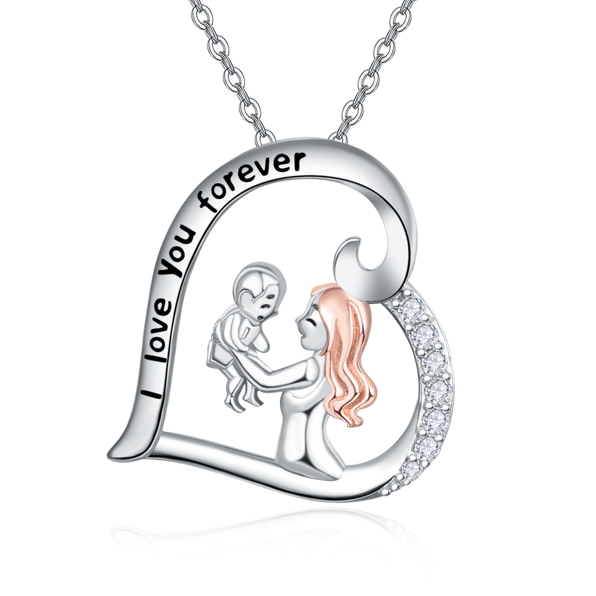 Sterling Silver Two-tone Heart Mother & Baby Pendant Necklace with Engraved Word-1