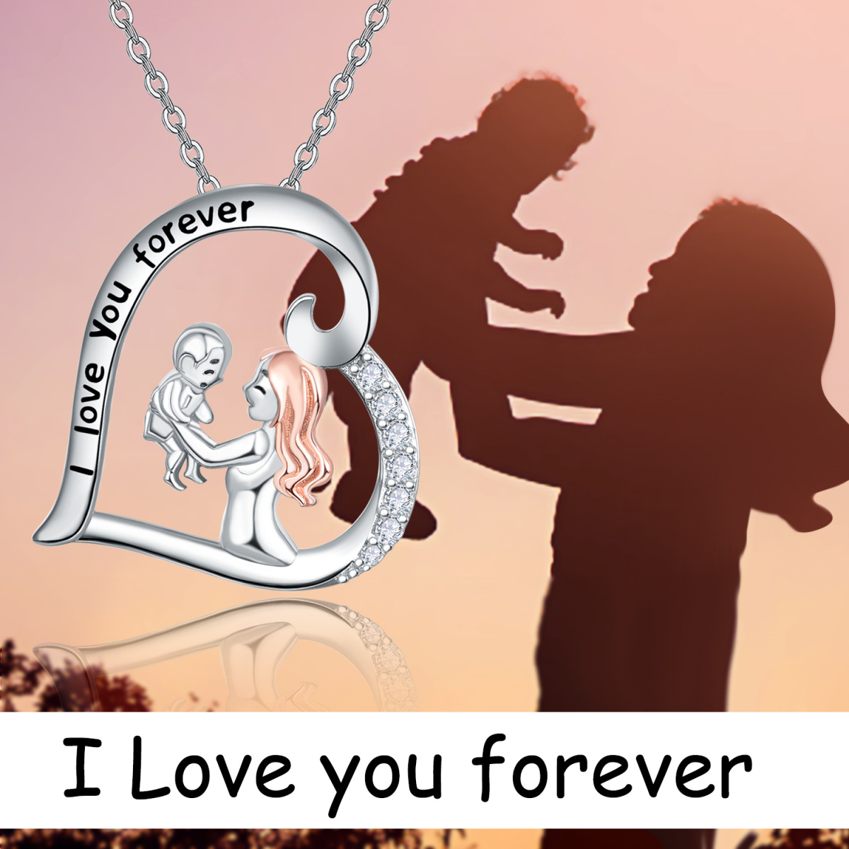 Sterling Silver Two-tone Heart Mother & Baby Pendant Necklace with Engraved Word-6