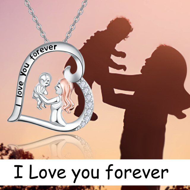 Sterling Silver Two-tone Heart Mother & Baby Pendant Necklace with Engraved Word-5