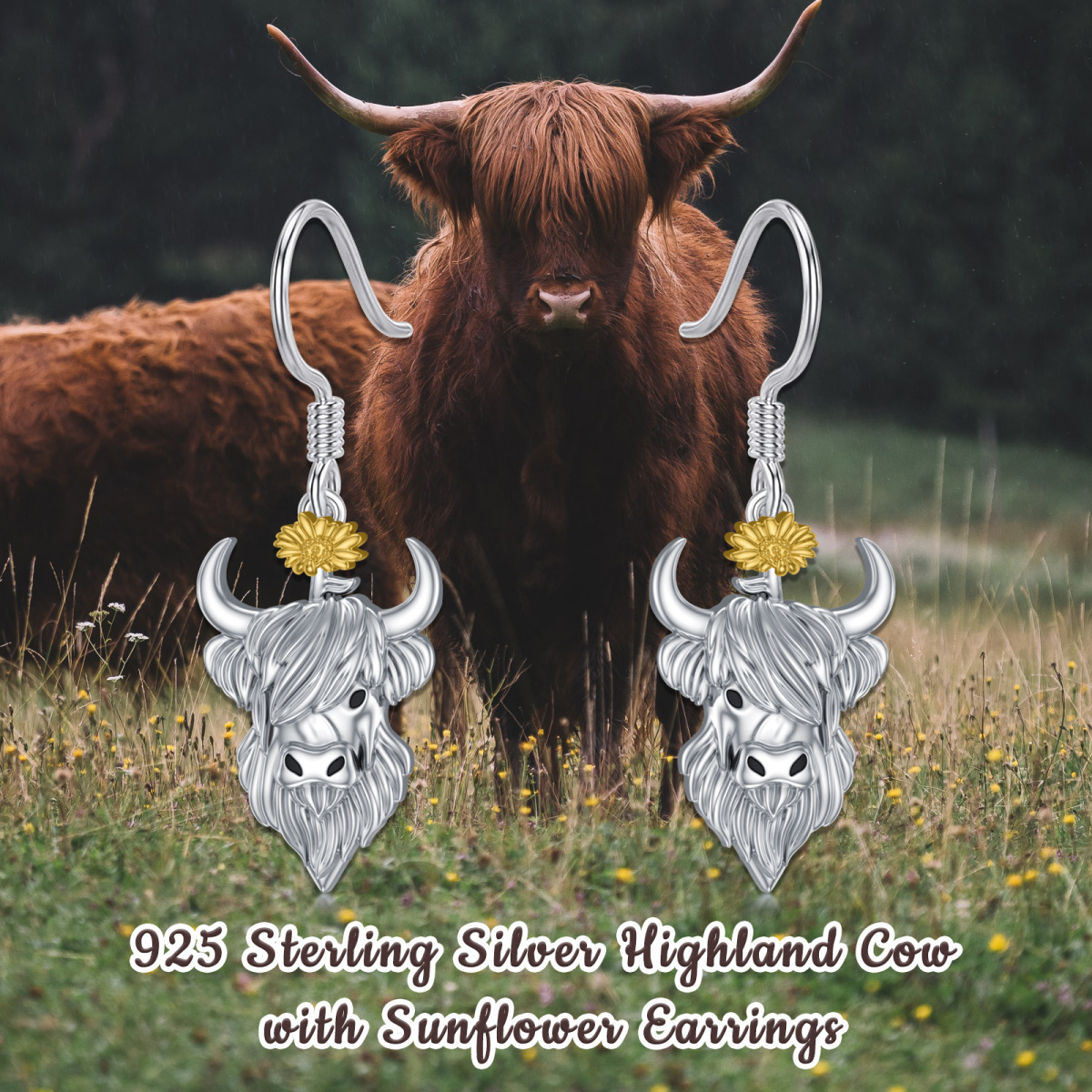 Boucles d'oreilles pendantes en forme de vache bicolore en argent sterling-5
