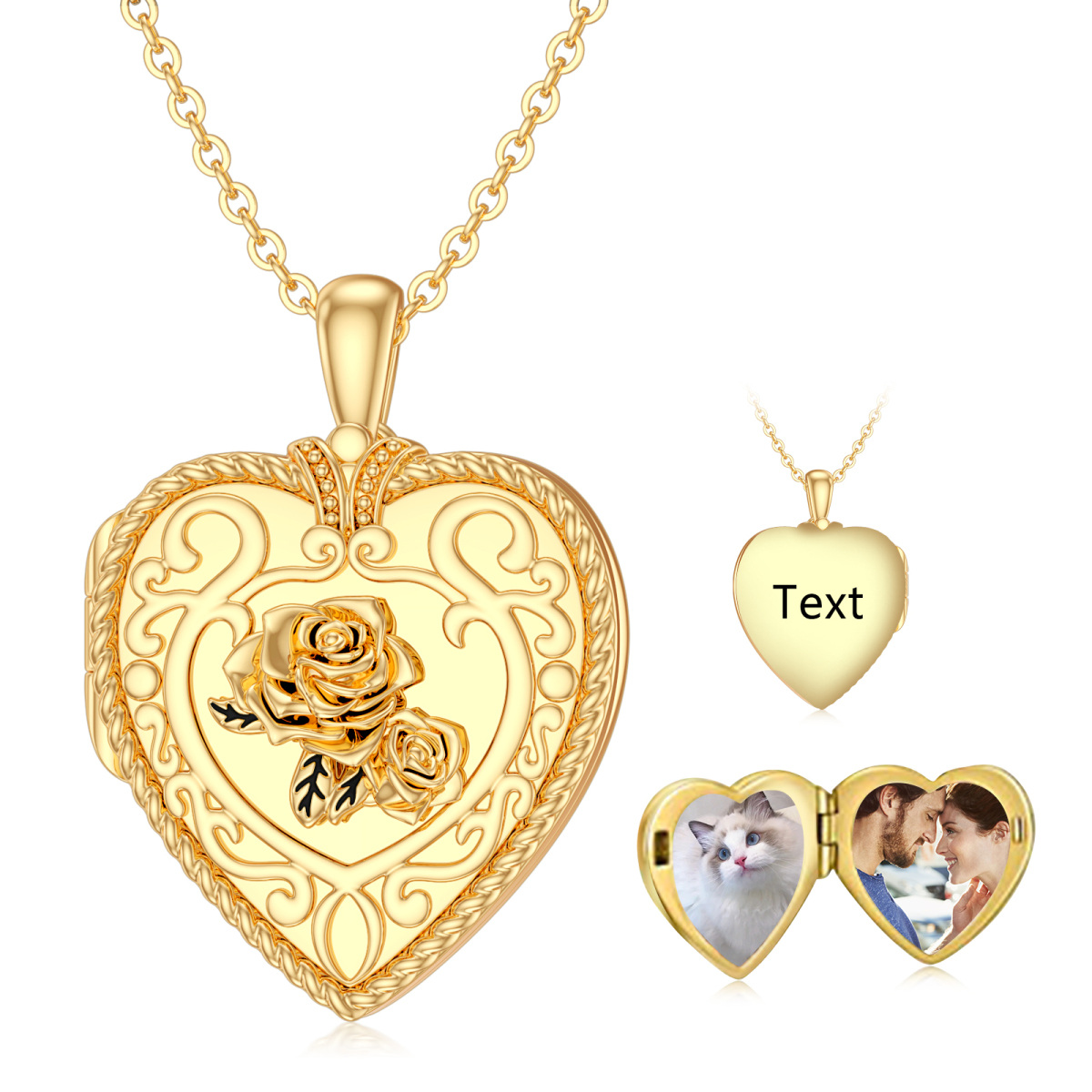 10K Gold Rose & Heart Personalized Photo Locket Necklace-4