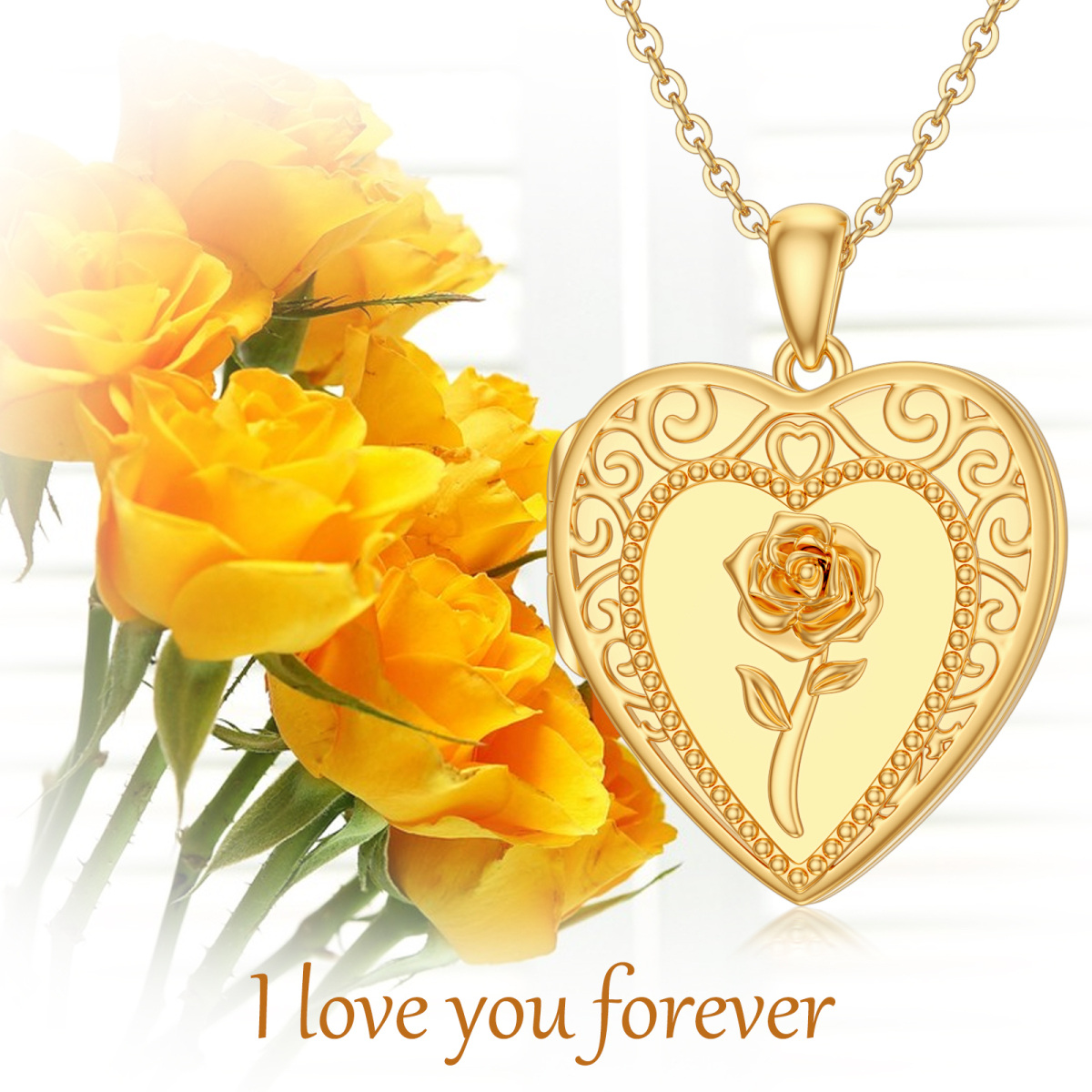 10K Gold Rose Personalized Photo Locket Necklace-5