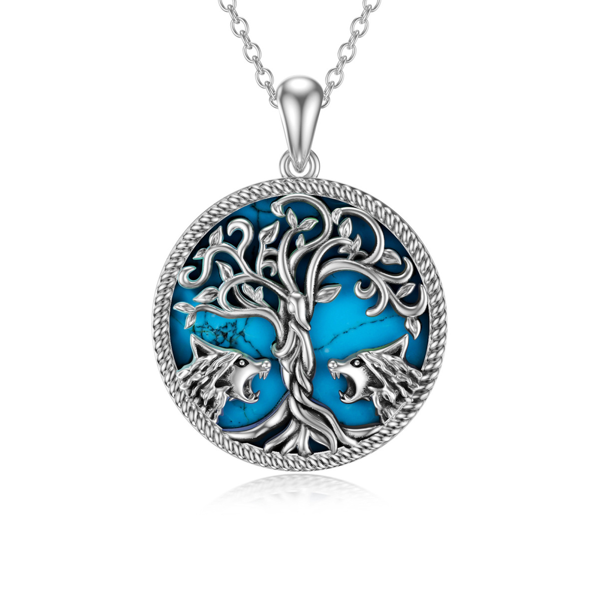 Sterling Silver Turquoise Wolf & Tree Of Life Pendant Necklace-1
