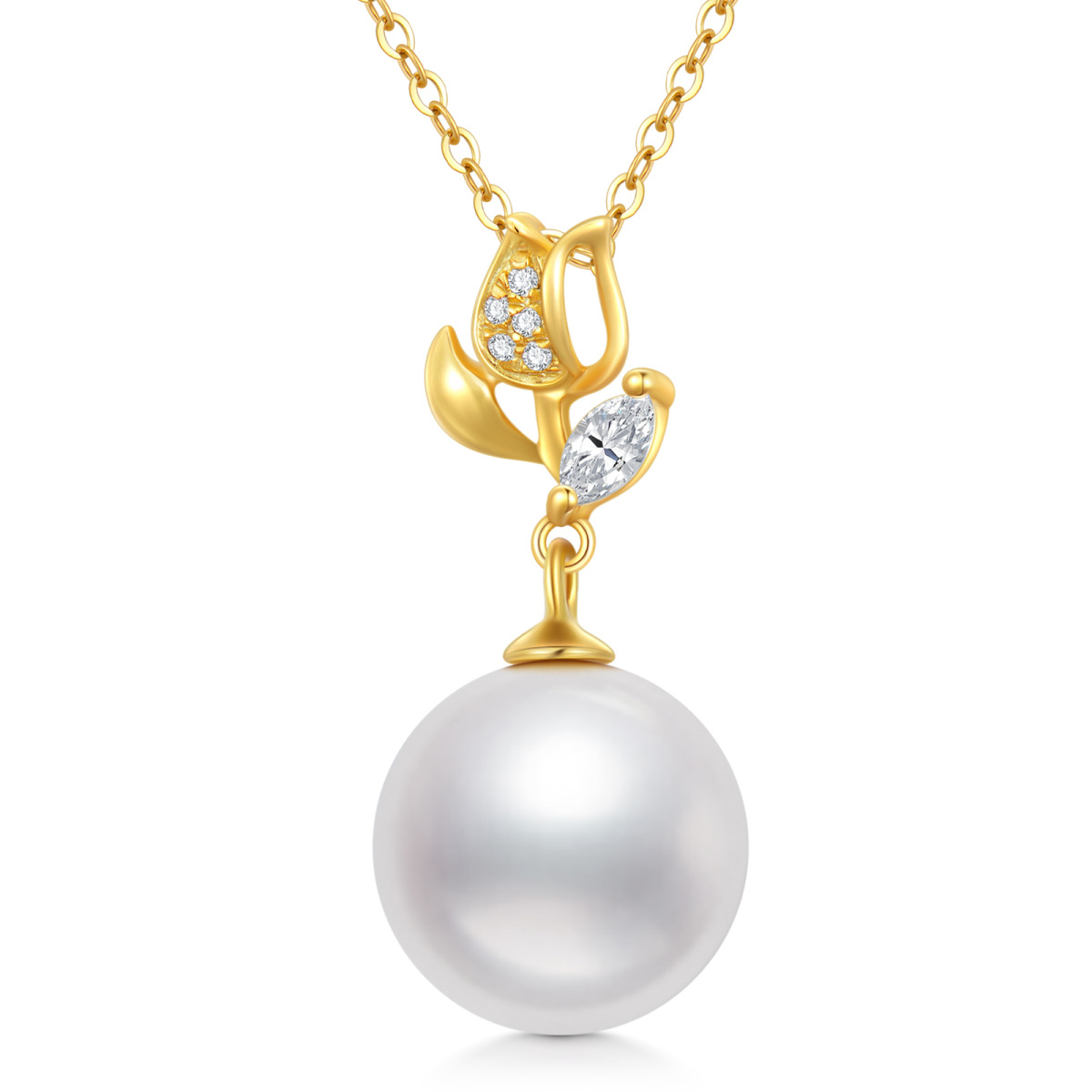 14K Gold Circular Shaped Pearl Rose Pendant Necklace-1