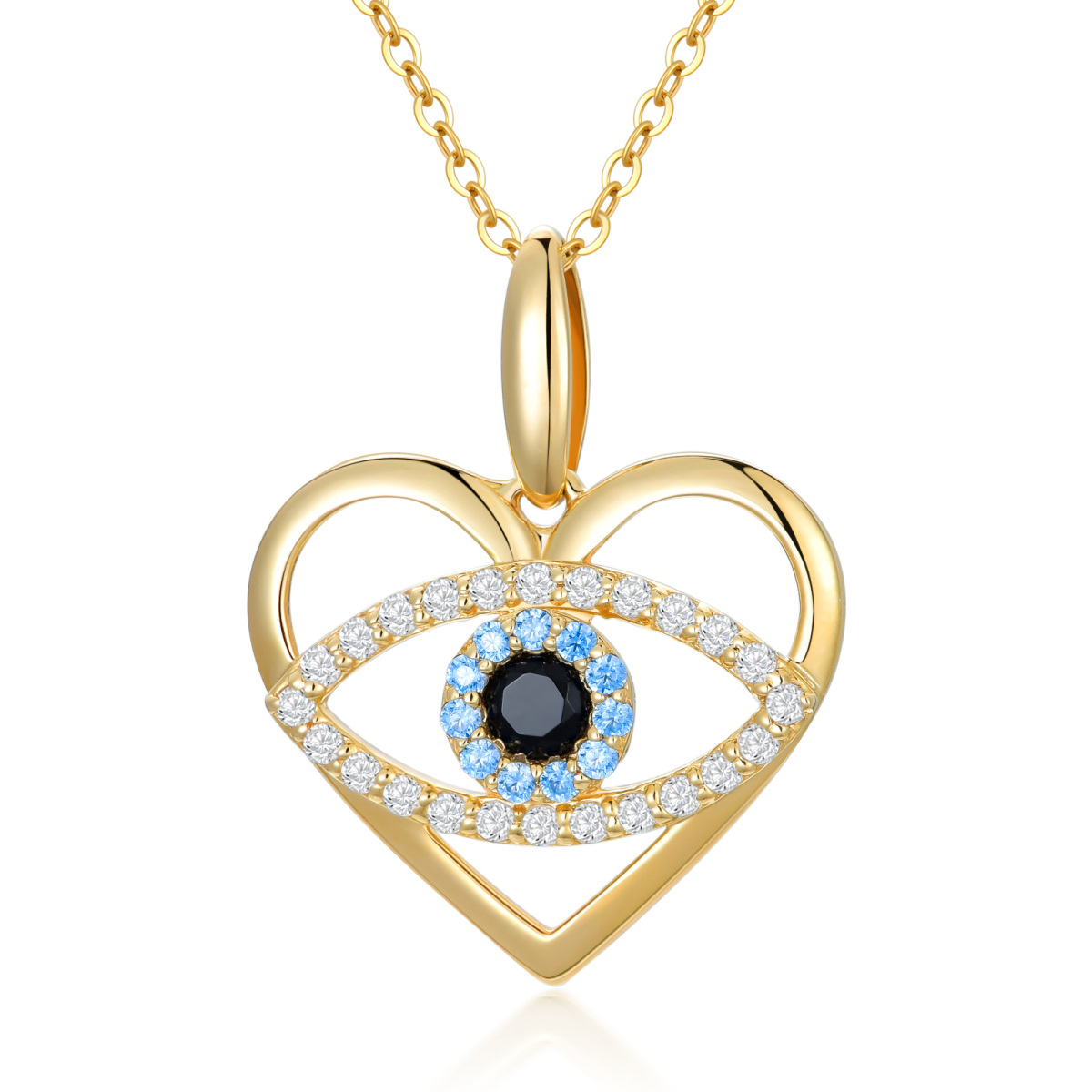 14K Gold Cubic Zirkonia Evil Eye & Herz-Anhänger Halskette-1