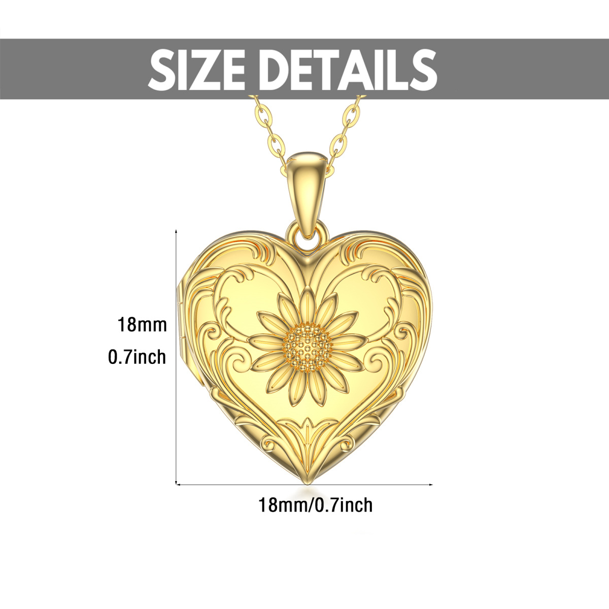 Collar Portafotos Personalizado Corazón y Girasol en Plata de Ley con baño de Oro Amarillo-7