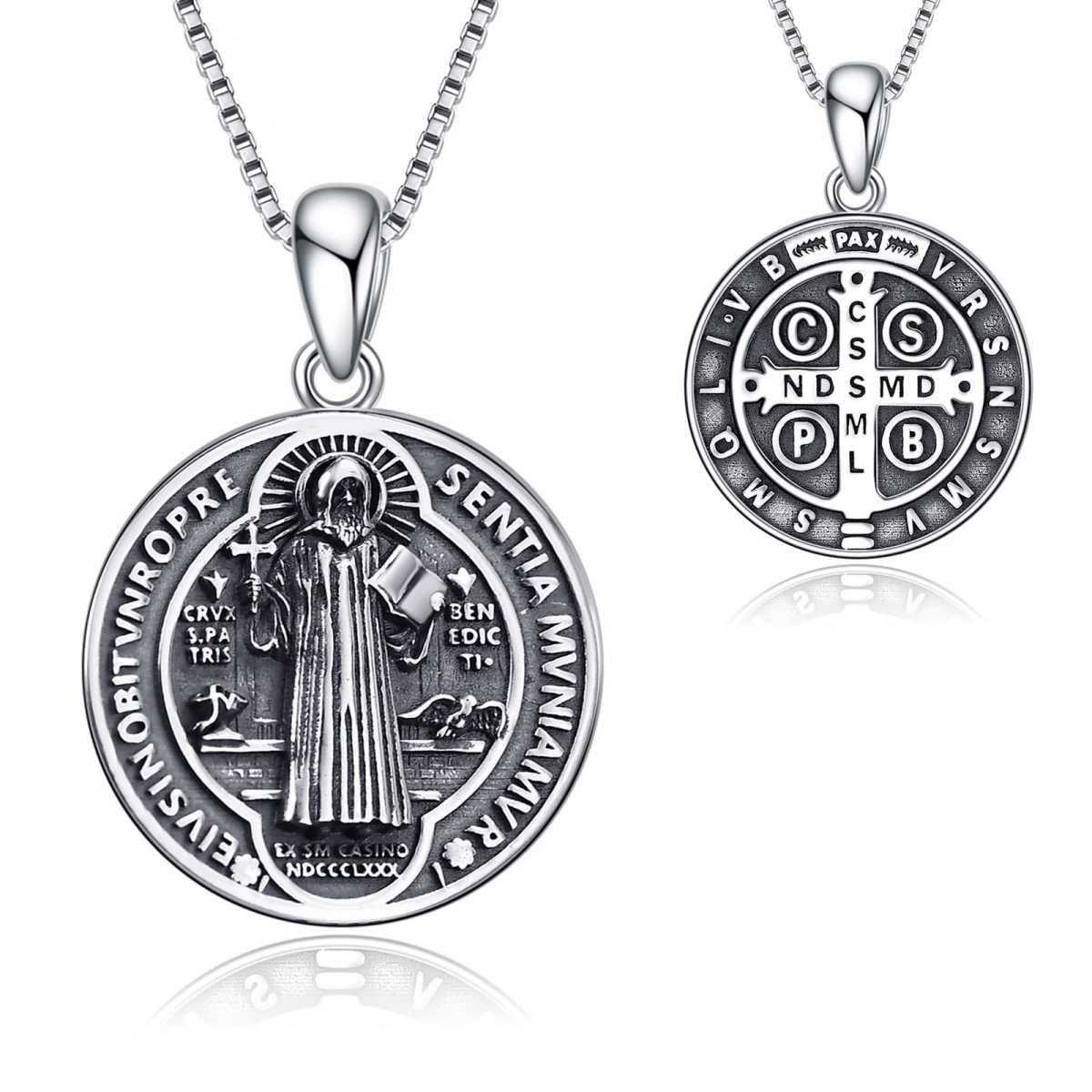 Sterling Silber Saint Benedict Anhänger Halskette für Männer mit eingraviertem Wort-1