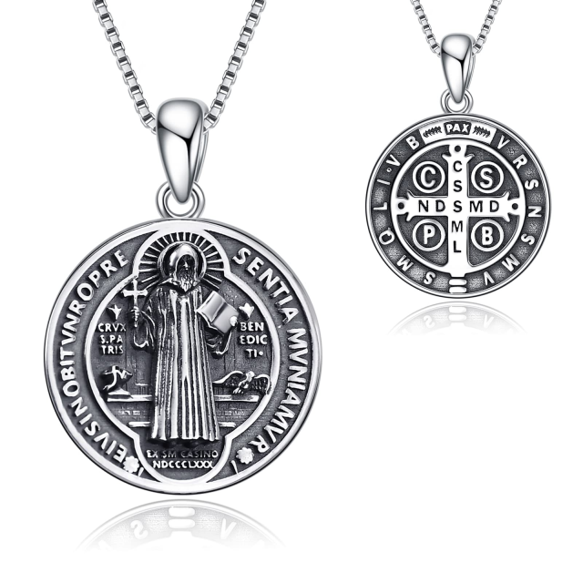 Sterling Silver Saint Benedict Pendant Necklace for Men with Engraved Word-0