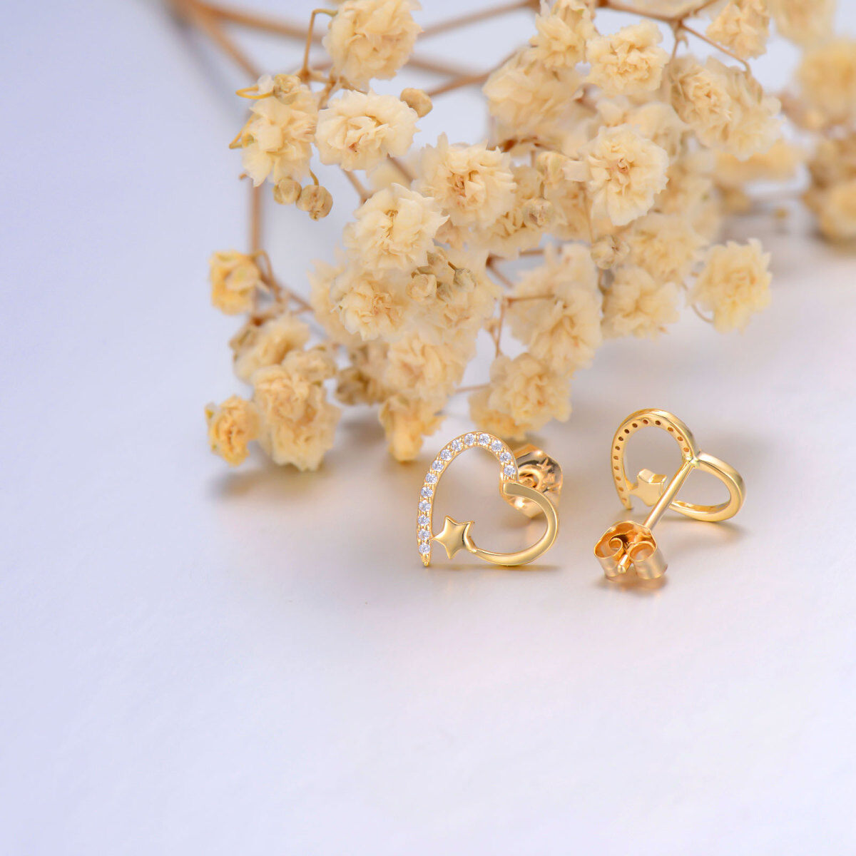 14K Gold Zircon Heart Stud Earrings-4