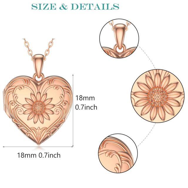 Sterling Silver with Rose Gold Plated Sunflower Heart Personalized Engraving Custom Photo Locket Necklace-5