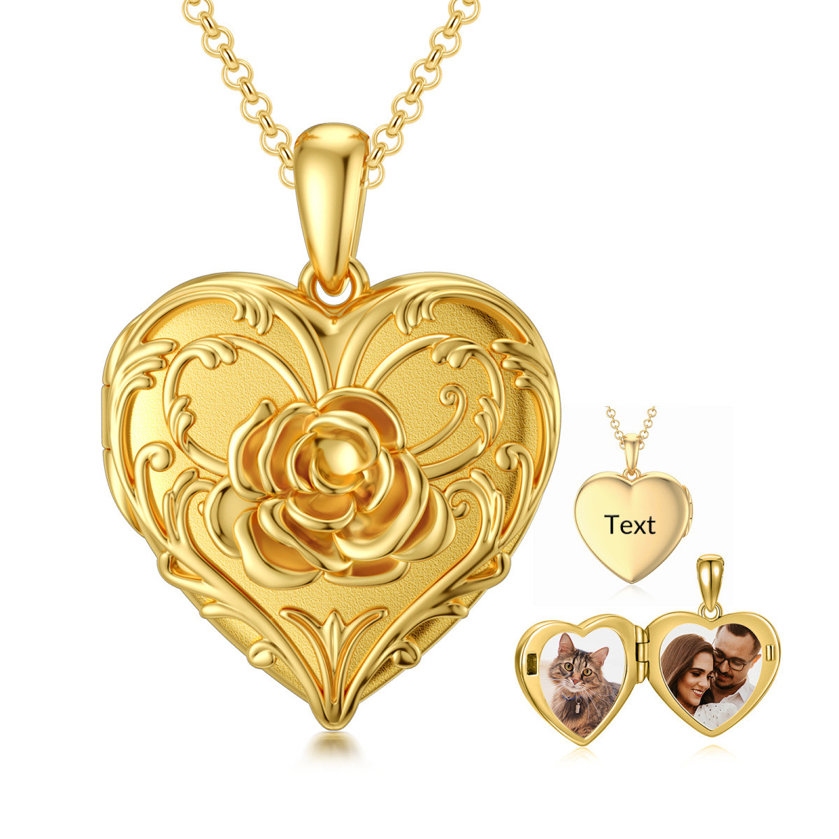 Sterling Silver with Yellow Gold Plated Rose Heart Personalized Engraving Photo Locket Necklace-1