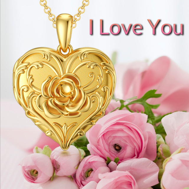 Sterling Silver with Yellow Gold Plated Rose Heart Personalized Engraving Photo Locket Necklace-6