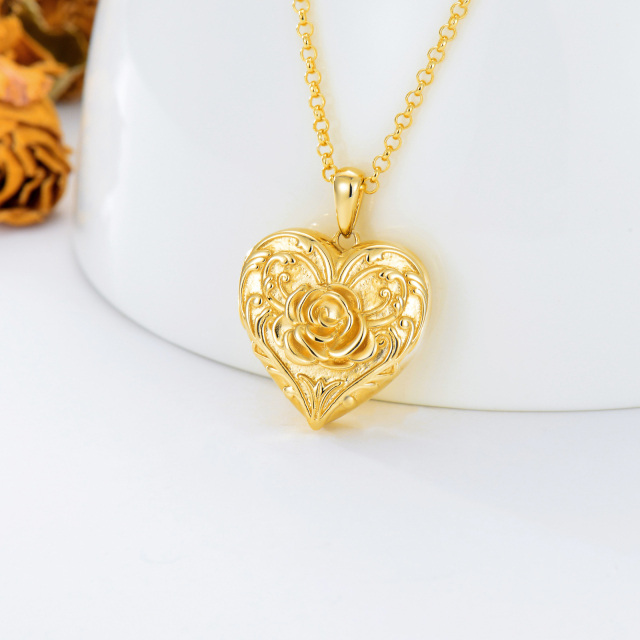 Sterling Silver with Yellow Gold Plated Rose Heart Personalized Engraving Photo Locket Necklace-2