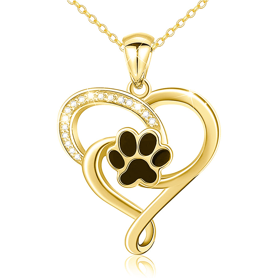 14K Gold Round Zircon Paw & Heart Pendant Necklace-1
