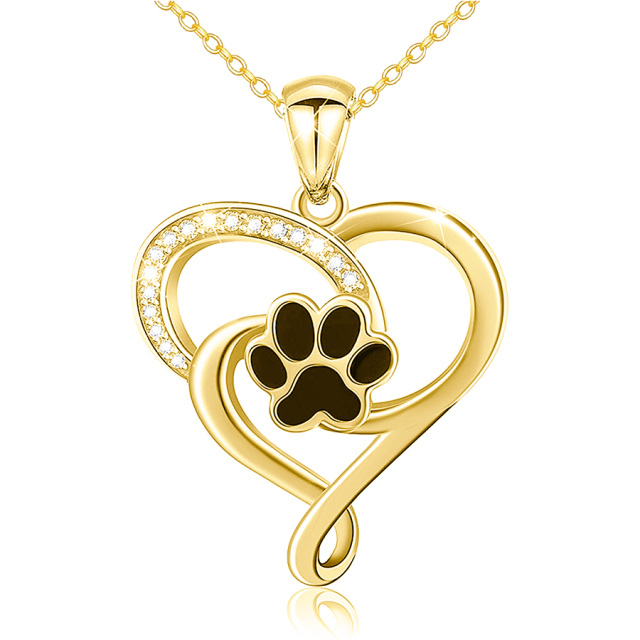 14K Gold Round Zircon Paw & Heart Pendant Necklace-0