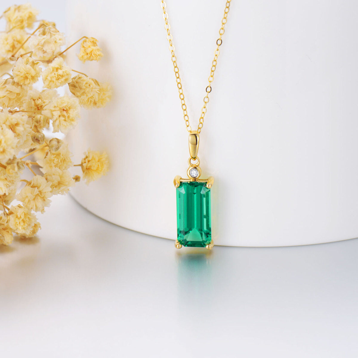 9K Gold Princess-square Shaped Diamond & Emerald Square Pendant Necklace-3