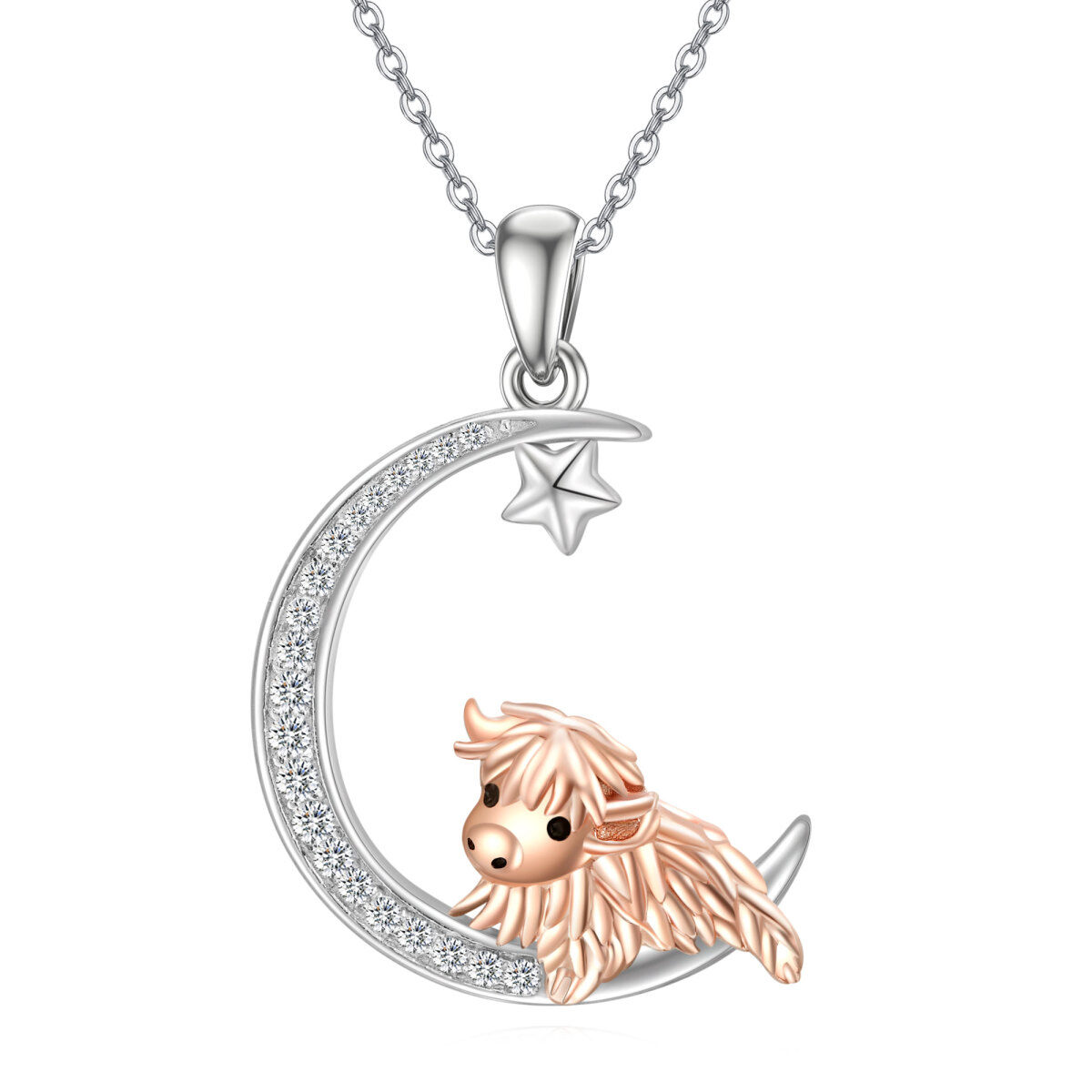 Sterling Silver Two-tone Cubic Zirconia Highland Cow & Moon Pendant Necklace-1