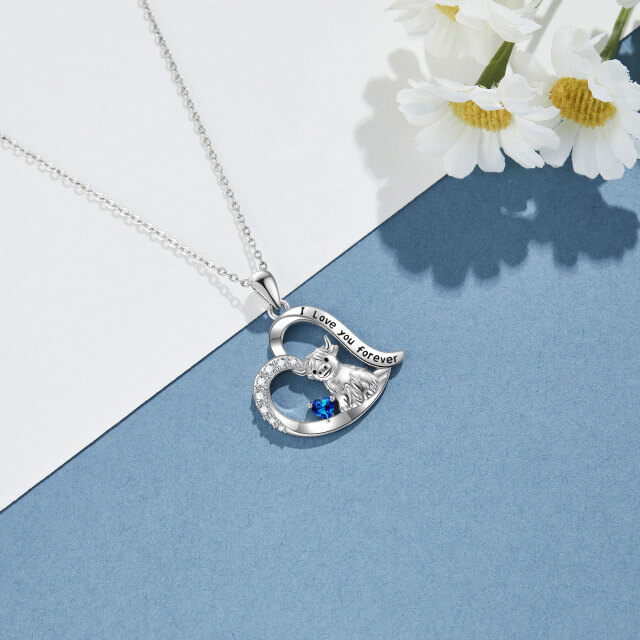 Sterling Silver Blue Cubic Zirconia Highland Cow & Heart Pendant Necklace with Engraved Word-3