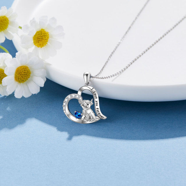 Sterling Silver Blue Cubic Zirconia Highland Cow & Heart Pendant Necklace with Engraved Word-4