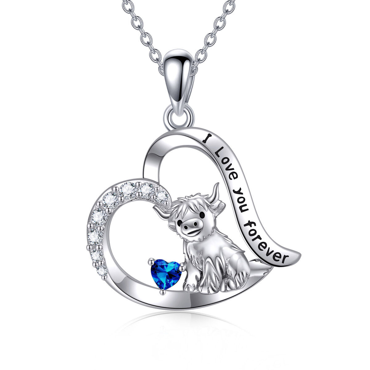 Sterling Silver Blue Cubic Zirconia Highland Cow & Heart Pendant Necklace with Engraved Word-1