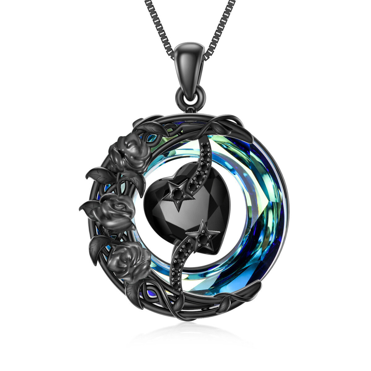 Sterling Silber mit schwarzem Rhodium Farbe kreisförmig geformt Rose & Herz Kristall-Anhän-1