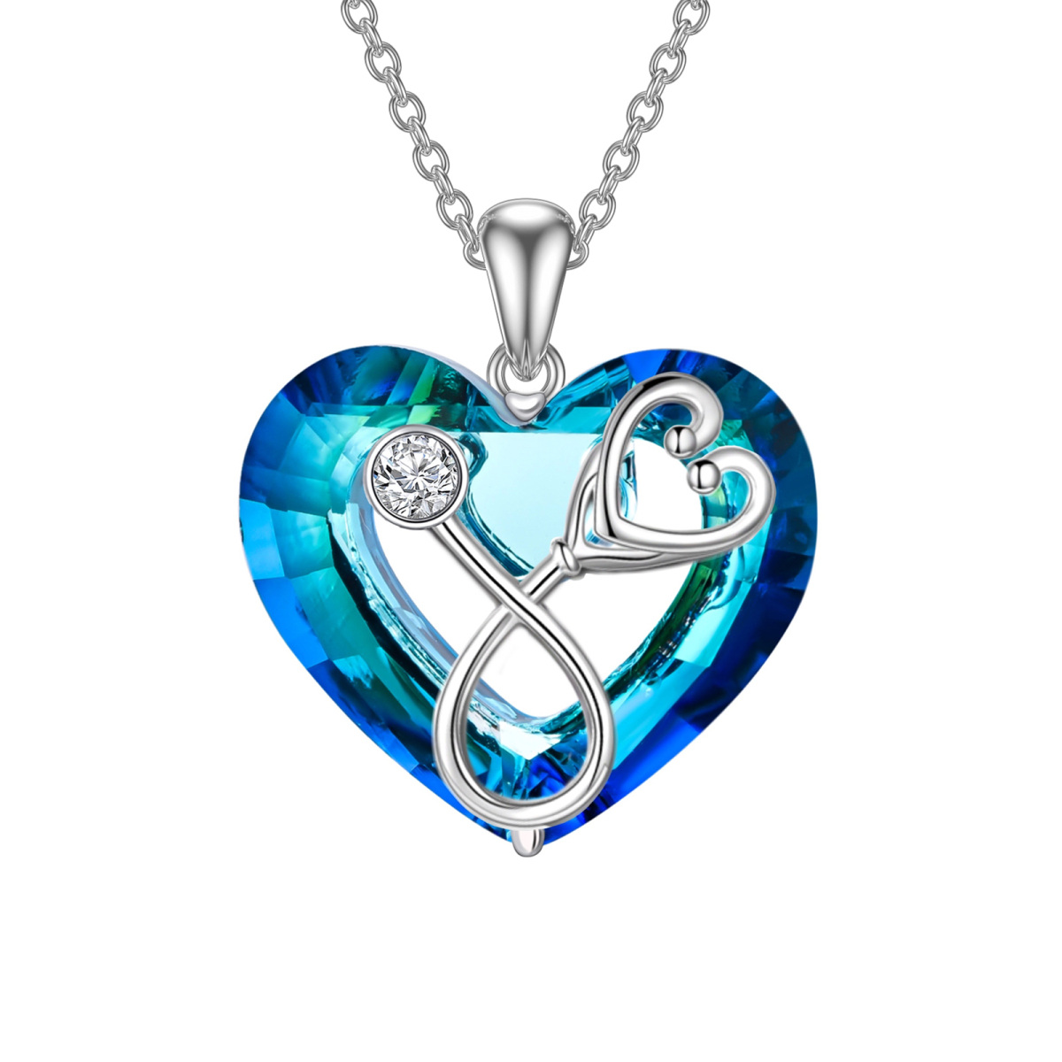 Sterling Silver Heart & Stethoscope Blue Crystal Pendant Necklace-1