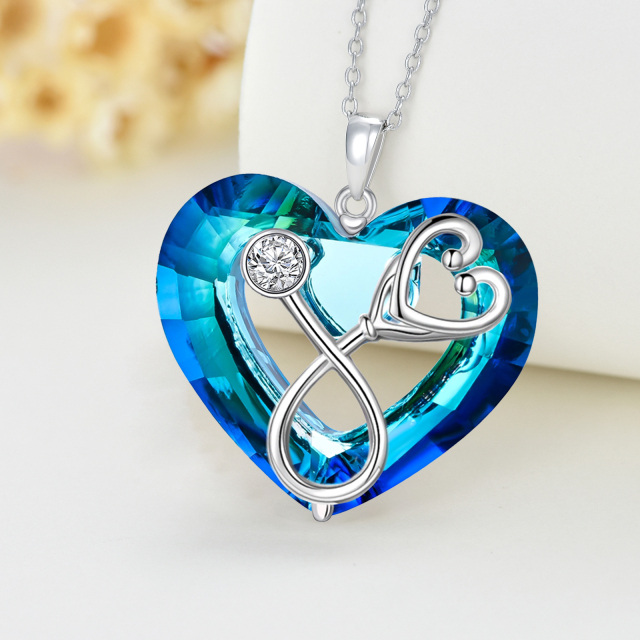 Sterling Silver Heart & Stethoscope Blue Crystal Pendant Necklace-2