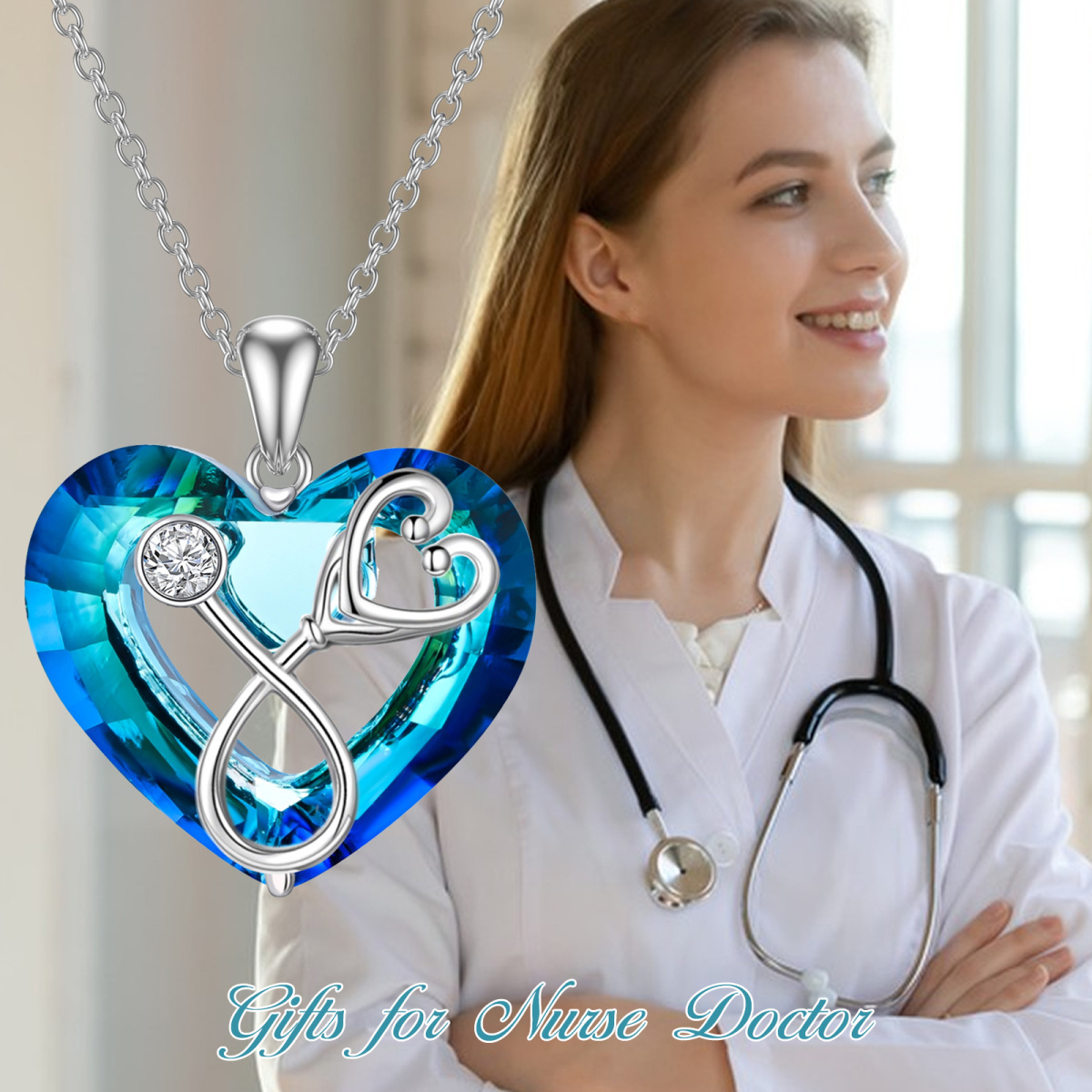 Sterling Silver Heart & Stethoscope Blue Crystal Pendant Necklace-6
