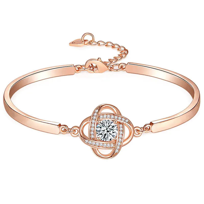 Pulsera de plata de ley con circonita cúbica chapada en oro rosa con colgante de nudo cruz-1