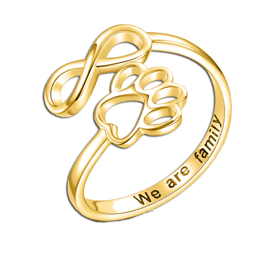 9K Gold Paw & Infinity Symbol Open Ring with Engraved Word