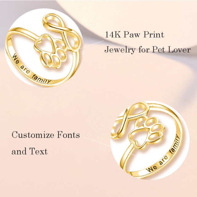 9K Gold Paw & Infinity Symbol Open Ring with Engraved Word-3