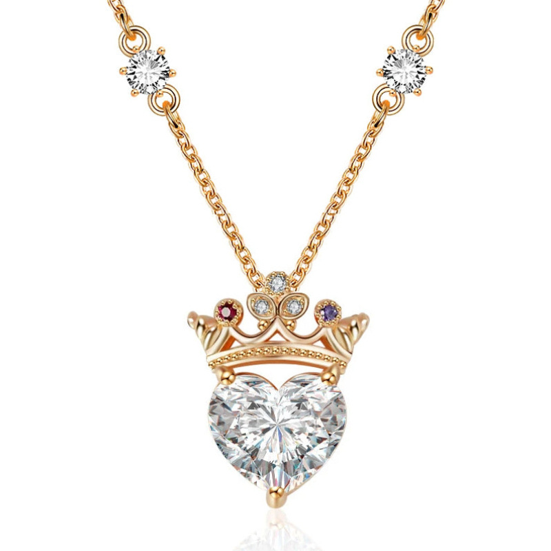 Sterling Silver with Rose Gold Plated Heart Zircon Crown & Heart Pendant Necklace-1