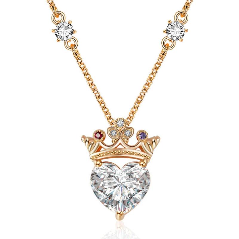 Plata de ley con baño de oro rosa Corazón Circón Corona y Corazón Colgante Collar-1