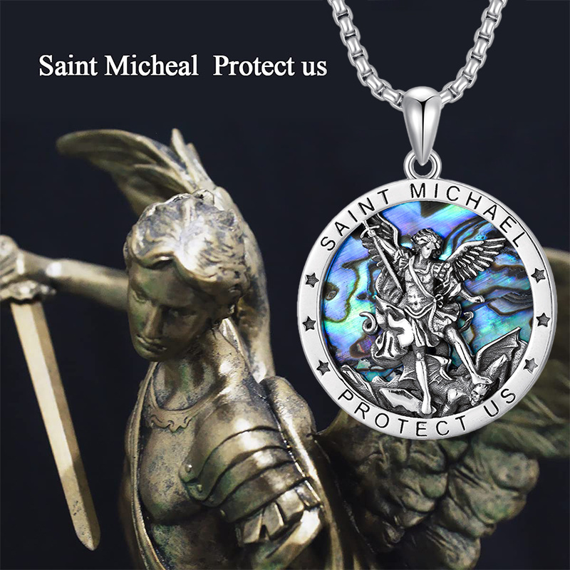 Sterling Silver Saint Michael & Star Pendant Necklace with Engraved Word-8