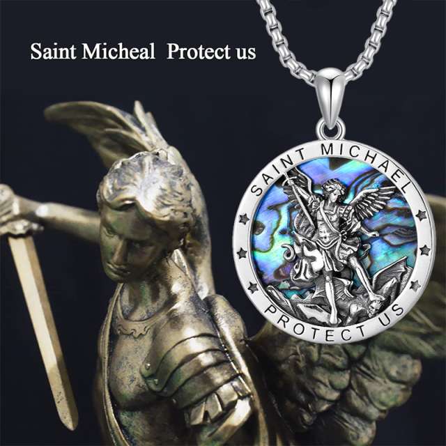 Sterling Silver Saint Michael & Star Pendant Necklace with Engraved Word-7