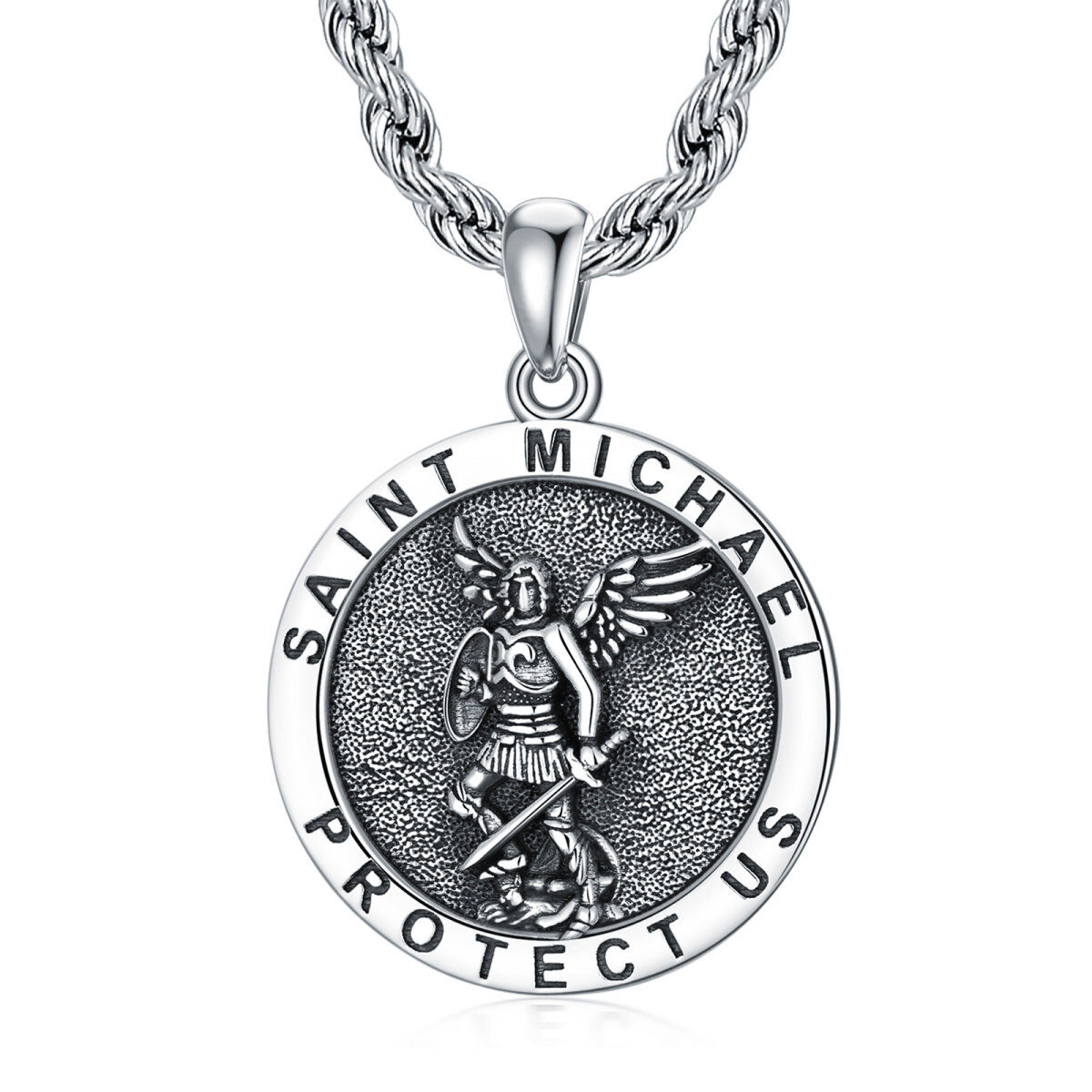 Sterling Silver Saint Michael Pendant Necklace with Rope Chain for Men-1