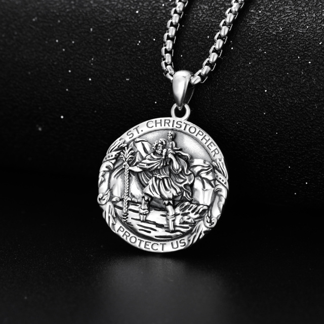 Sterling Silver Saint Christopher Round Pendant Necklace with Engraved Word for Men-2