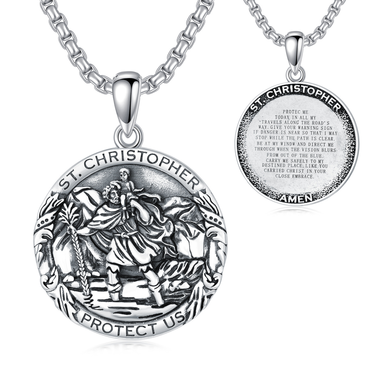 Sterling Silver Saint Christopher Round Pendant Necklace with Engraved Word for Men-1