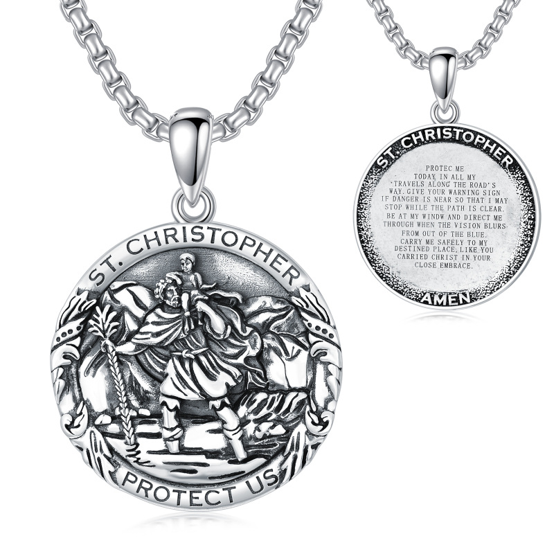 Sterling Silver Saint Christopher Round Pendant Necklace with Engraved Word for Men