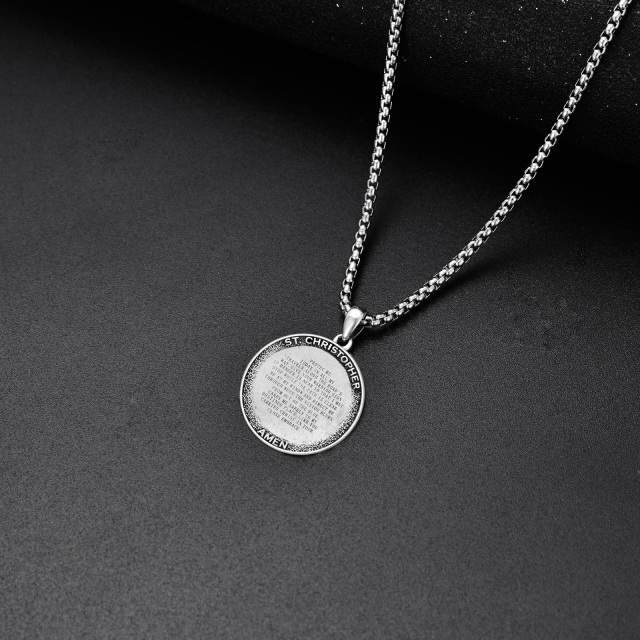 Sterling Silver Saint Christopher Round Pendant Necklace with Engraved Word for Men-3