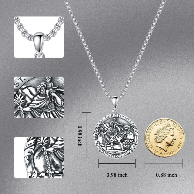 Sterling Silver Saint Christopher Round Pendant Necklace with Engraved Word for Men-4