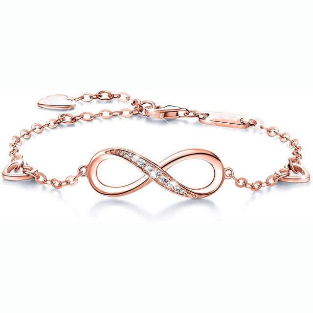 Sterling Silver with Rose Gold Plated Zircon Infinite Symbol Pendant Bracelet-0
