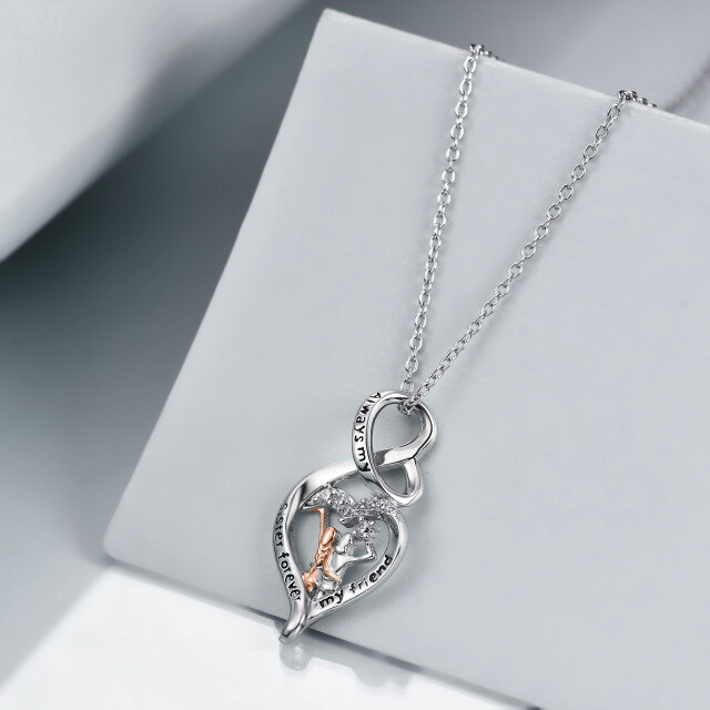 Sterling Silver Two-tone Circular Shaped Cubic Zirconia Sisters & Heart & Infinity Symbol Pendant Necklace with Engraved Word-3