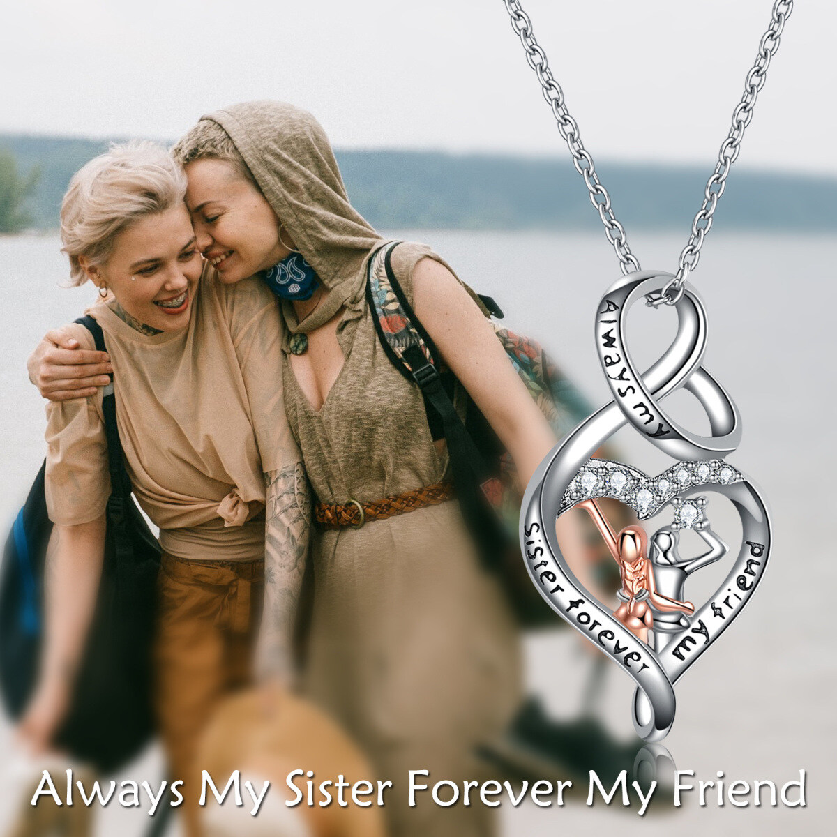 Sterling Silver Two-tone Circular Shaped Cubic Zirconia Sisters & Heart & Infinity Symbol Pendant Necklace with Engraved Word-6