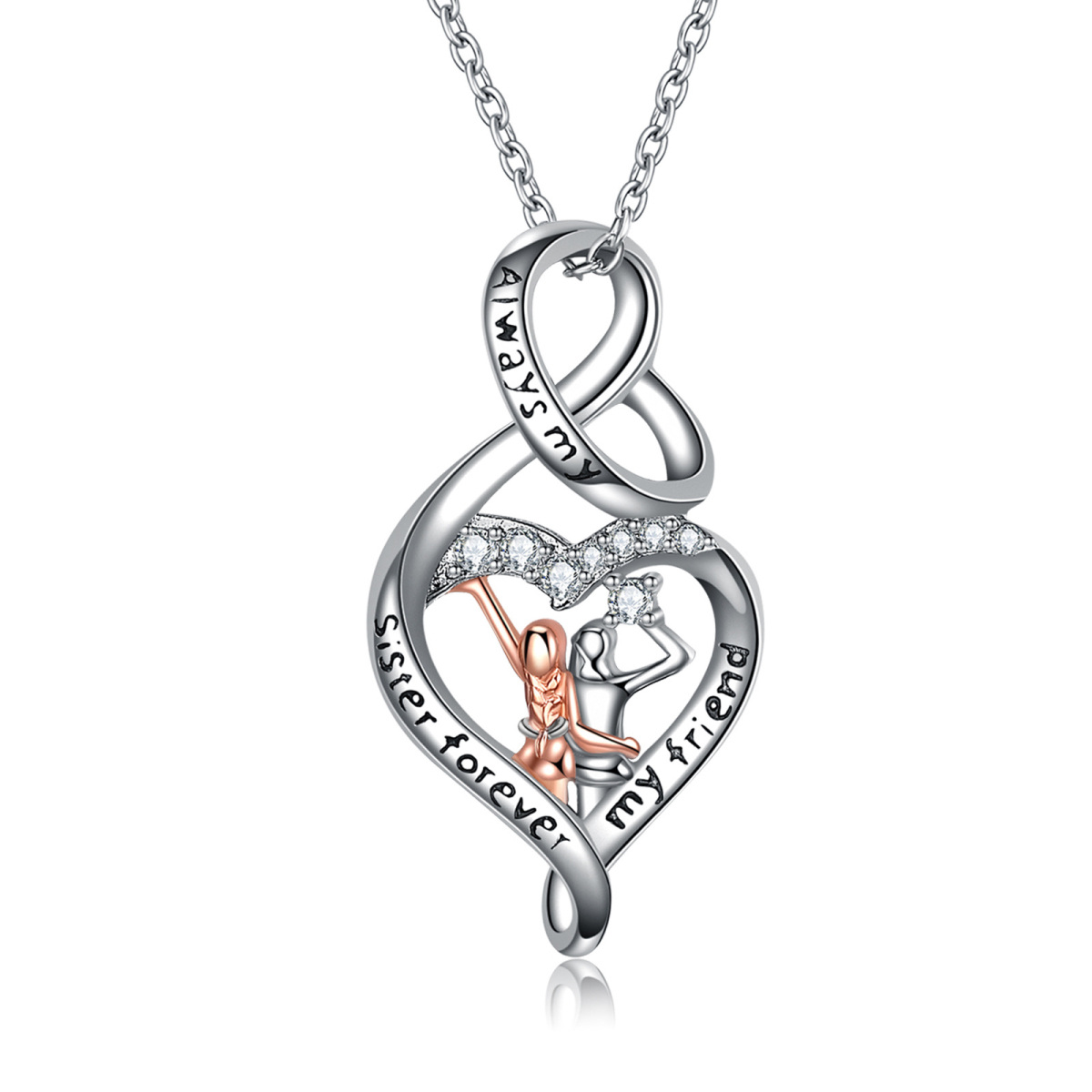 Sterling Silver Two-tone Circular Shaped Cubic Zirconia Sisters & Heart & Infinity Symbol Pendant Necklace with Engraved Word-1