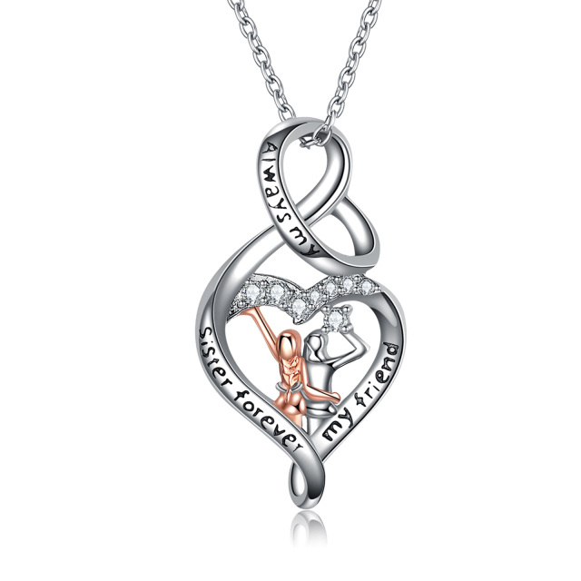Sterling Silver Two-tone Circular Shaped Cubic Zirconia Sisters & Heart & Infinity Symbol Pendant Necklace with Engraved Word-0