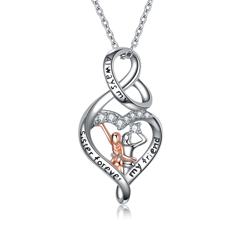 Sterling Silver Two-tone Circular Shaped Cubic Zirconia Sisters & Heart & Infinity Symbol Pendant Necklace with Engraved Word